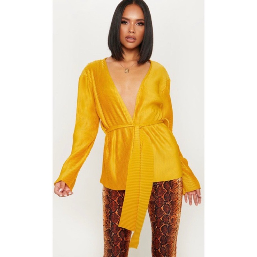 Mustard Pleated Tie Waist Top